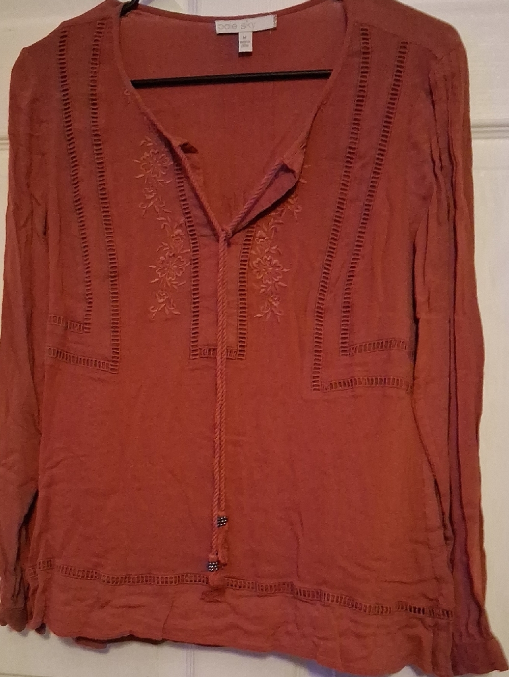 Free People Burnt Orange Embroidered Tie-Front Tunic